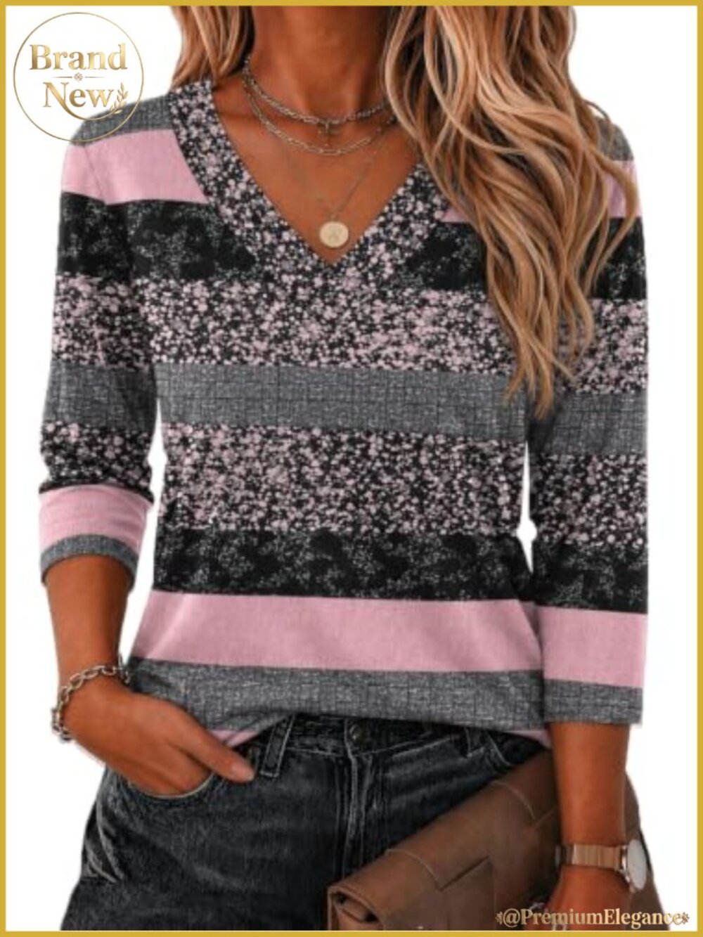3/4 Sleeve V-Neck Top Curved Hem Stretchy Soft Blouse Tunic